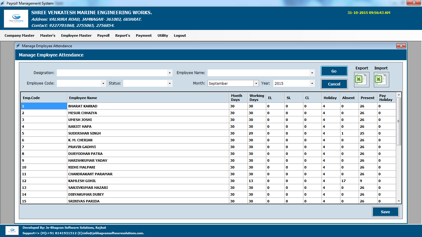 Payroll Management System Software Employee Monthly Attendance